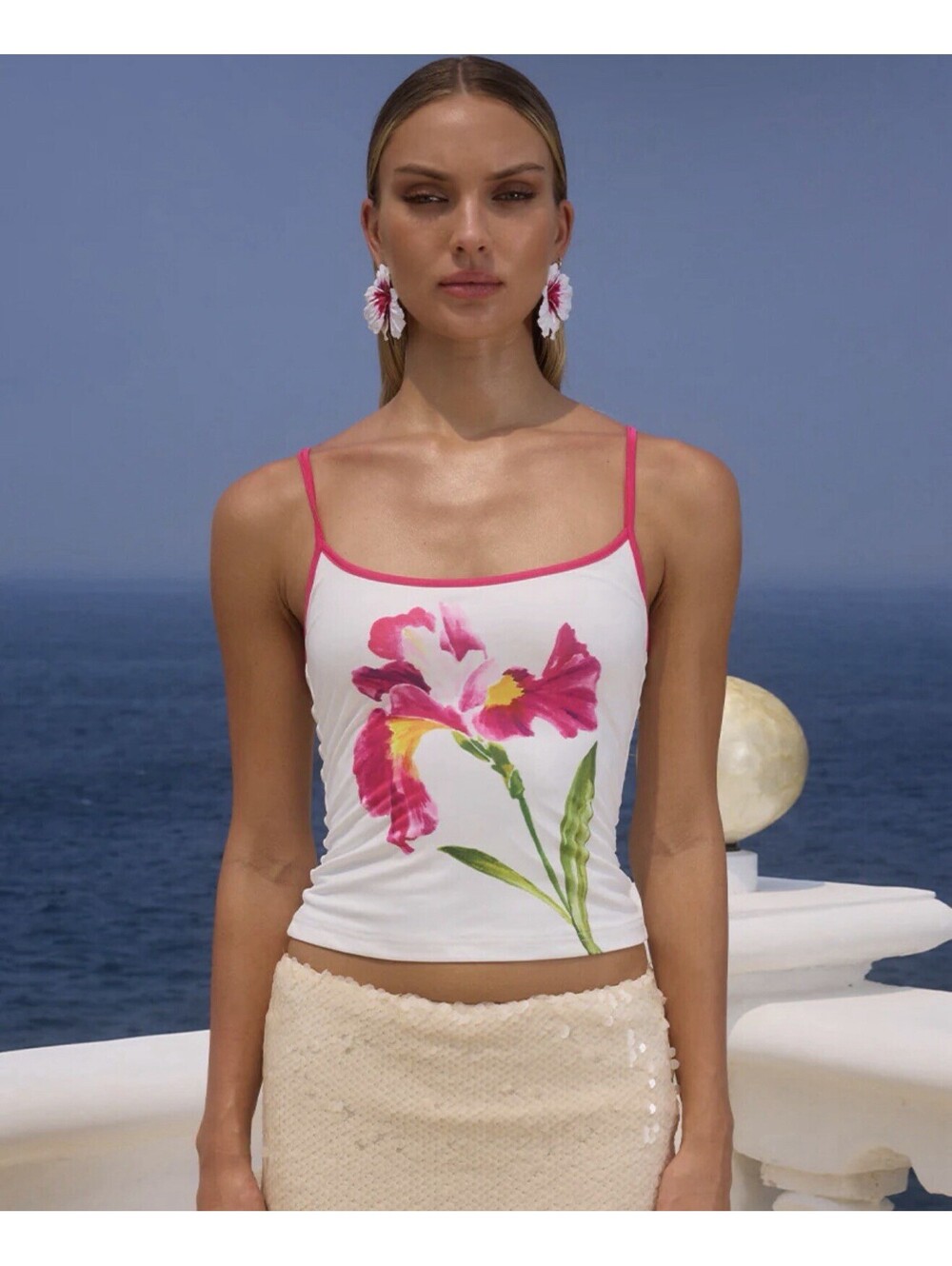 Runaway The Label Floral Camisole Tank Top White Pink Green Spaghetti Strap M